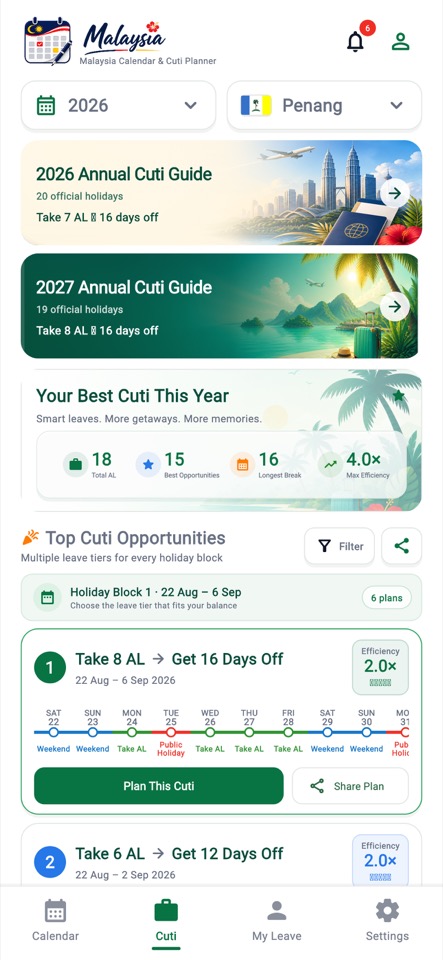 Malaysia Calendar & Cuti leave planner screen